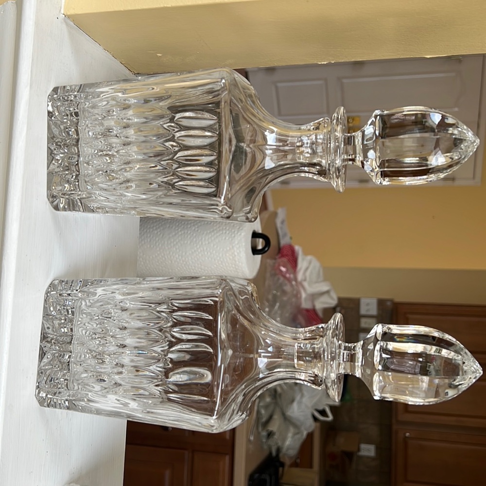 5 Gorham decanters with tags for Rum Vodka Whiskey scotch & Brandy